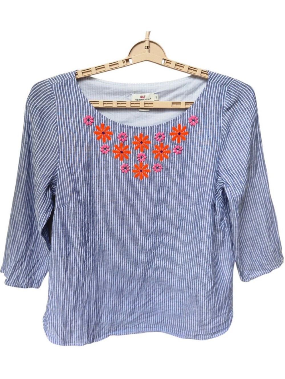 Vineyard Vines Linen Embroidered Flower Top Blue Striped Size 12